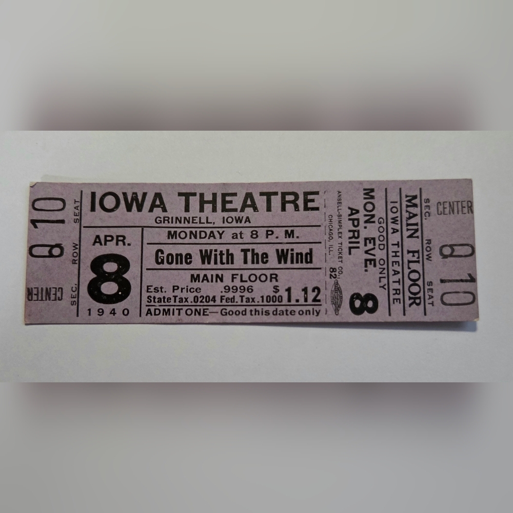 85 Year Old Vintage Iowa Theatre Ticket 'Gone With The Wind'
